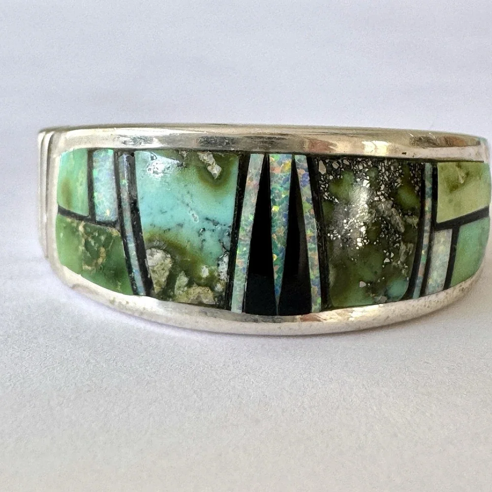 Navajo Inlay Sonoran Turquoise Opal‎ Wedding Band Sz 11 9mm Ring Mens Tolino
